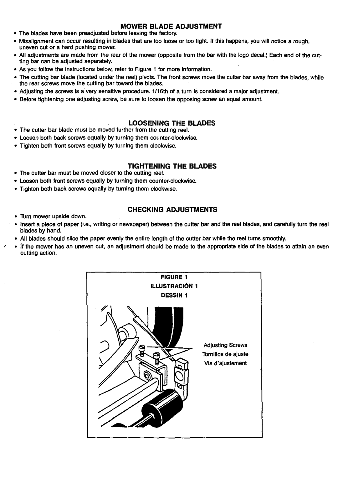 Craftsman 35900 owner manual Tightening the Blades, Mower Blade Adjustment, Loosening the Blades, Checking Adjustments 