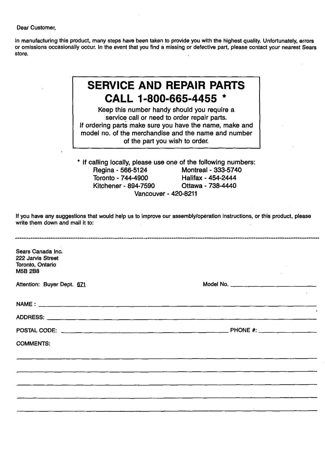 Craftsman 35900 owner manual Service and Repair Parts, Name Address Postalcode Phone # Comments 