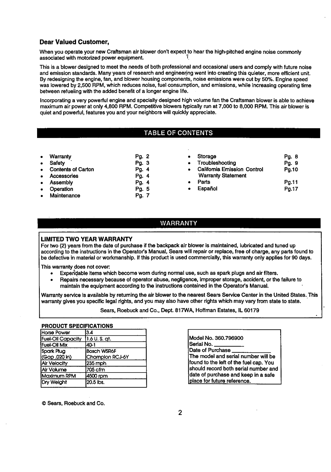 Craftsman 360.7969 manual Limited TWO Year Warranty, Product Specifications 