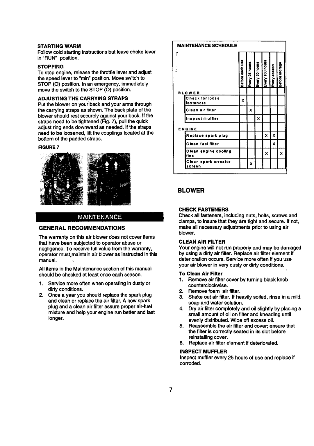 Craftsman 360.7969 Starting Warm, Stopping, Adjusting the Carrying Straps, Maintenanceschedule, General Recommendations 