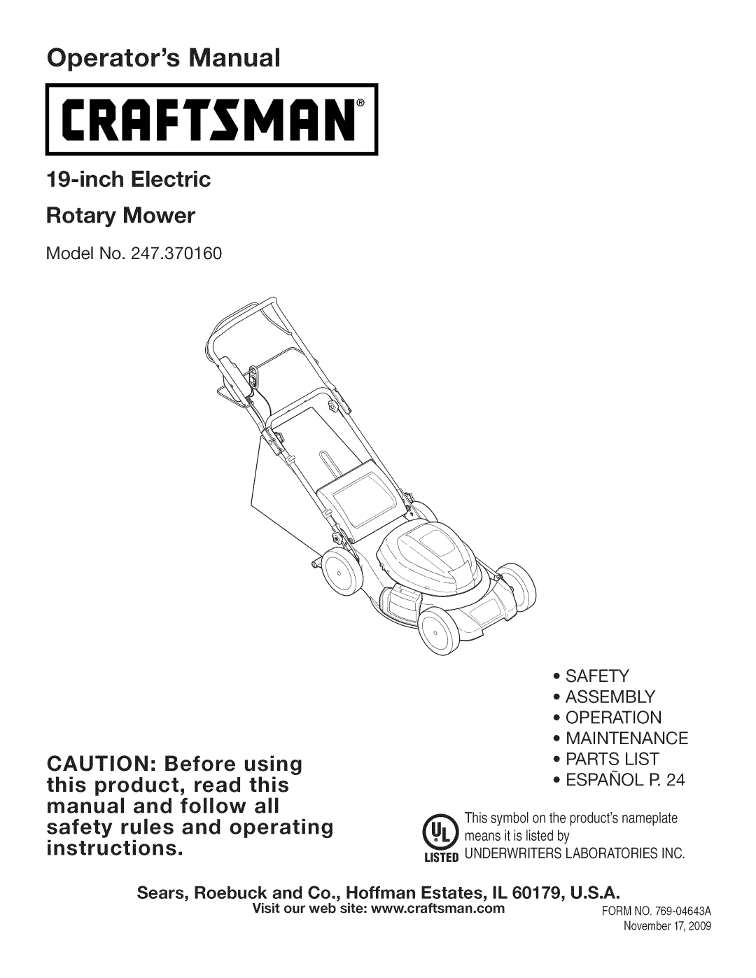 Craftsman 247.370160 manual Model No, Assembly o Operation Maintenance o Parts List Espanol R, FORMNO.769-04643A 