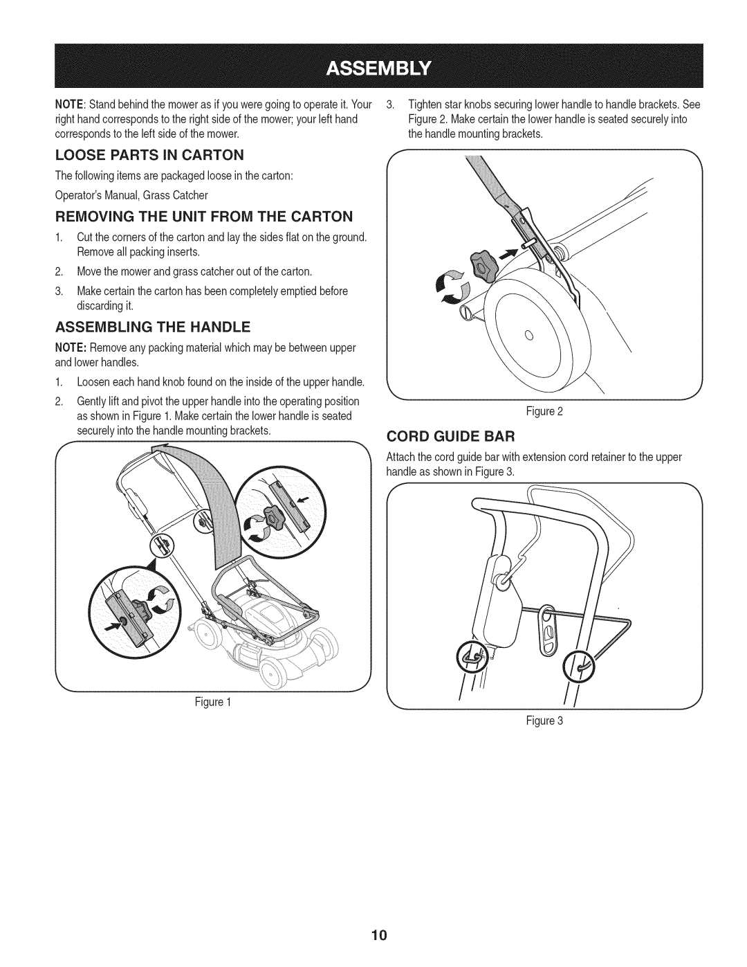 Craftsman 37016 manual Loose Parts in Carton, Removing the Unit from the Carton, Assembling the Handle, Cord Guide BAR 