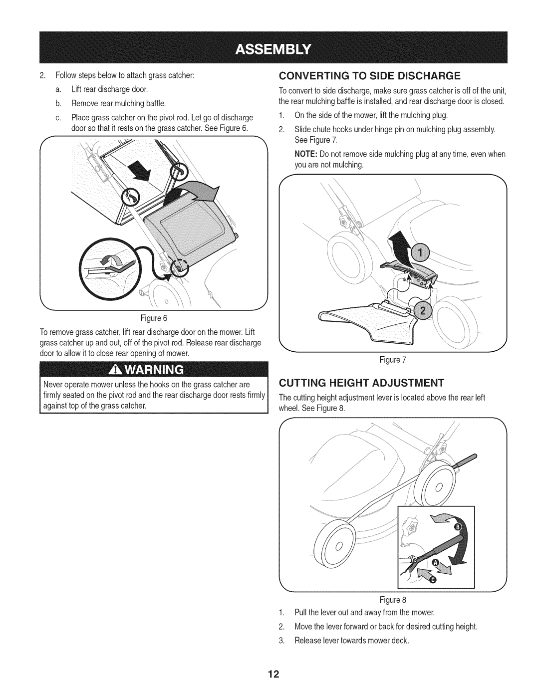 Craftsman 247.370160 manual Converting to Side Discharge, Cutting Height Adjustment, Removerearmulchingbaffle 