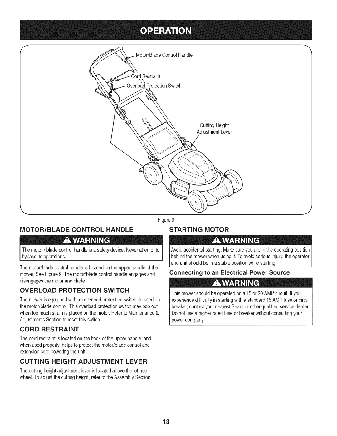 Craftsman 247.370160 manual MOTOR/BLADE Control Handle, Overload Protection Switch, Starting Motor, Cord Restraint 