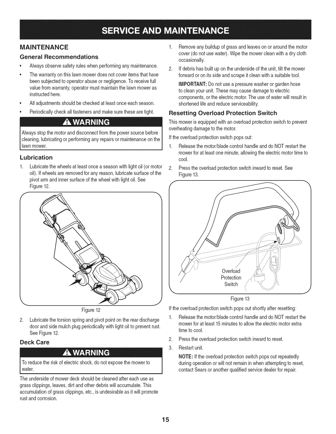 Craftsman 247.370160 Maintenance, General Recommendations, Lubrication, Deck Care, Resetting Overload Protection Switch 