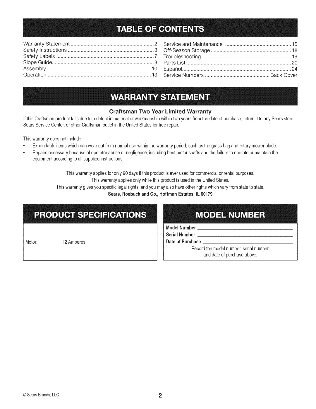 Craftsman 247.370160 manual Craftsman TwoYear Limited Warranty, Date of Purchase 