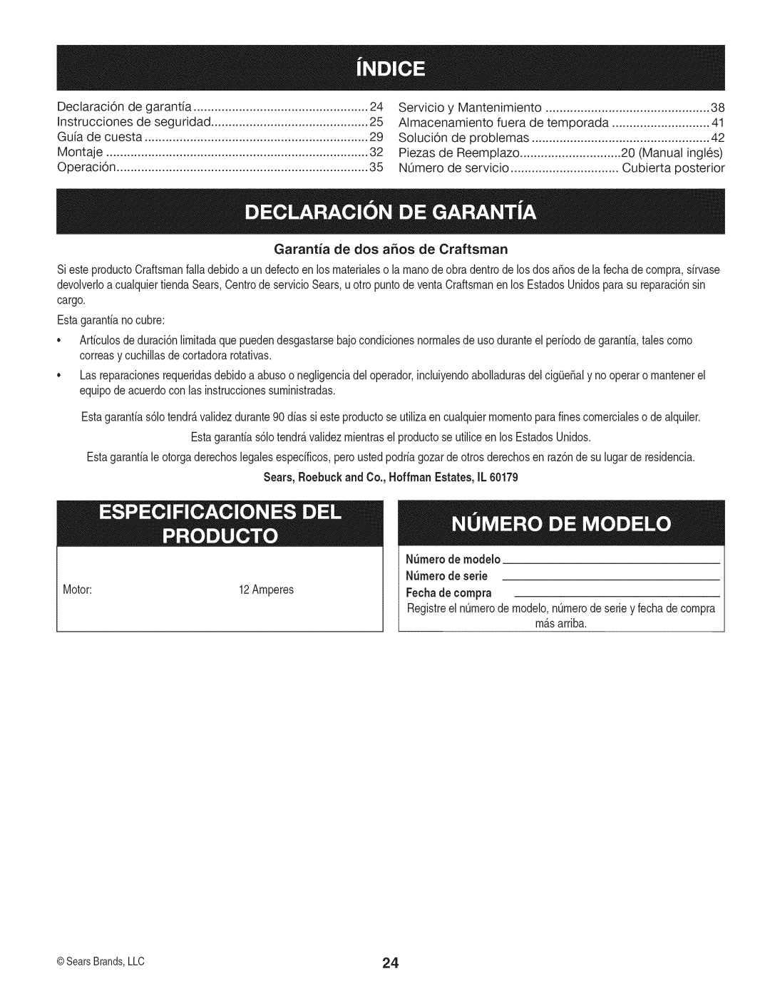 Craftsman 247.370160 manual Declaraci6n De garantia, Instrucciones De seguridad, Guia de cuesta, Rnsarriba 