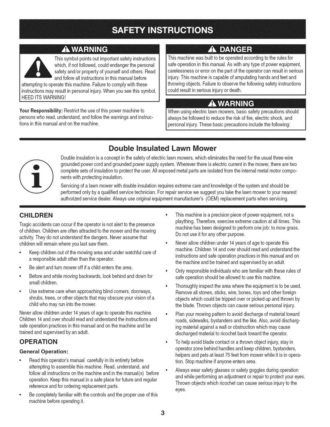 Craftsman 247.370160 manual Double Insulated Lawn Mower, Children, General Operation 