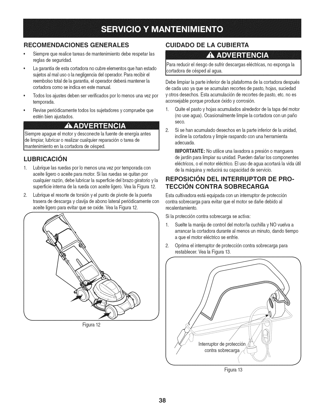 Craftsman 37016 manual Recomendaciones Generales Cuidado DE LA Cubierta, Lubricacion, Reposicicn DEL Interruptor DE PRO 