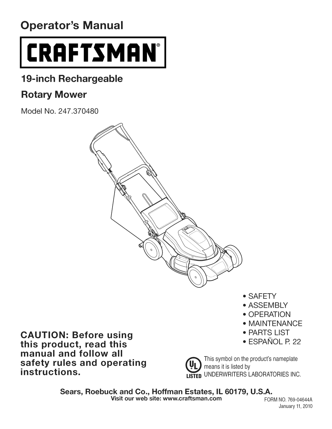 Craftsman 247.370480 manual Model No, Safety Assembly Operation Maintenance Parts List Espanol R 