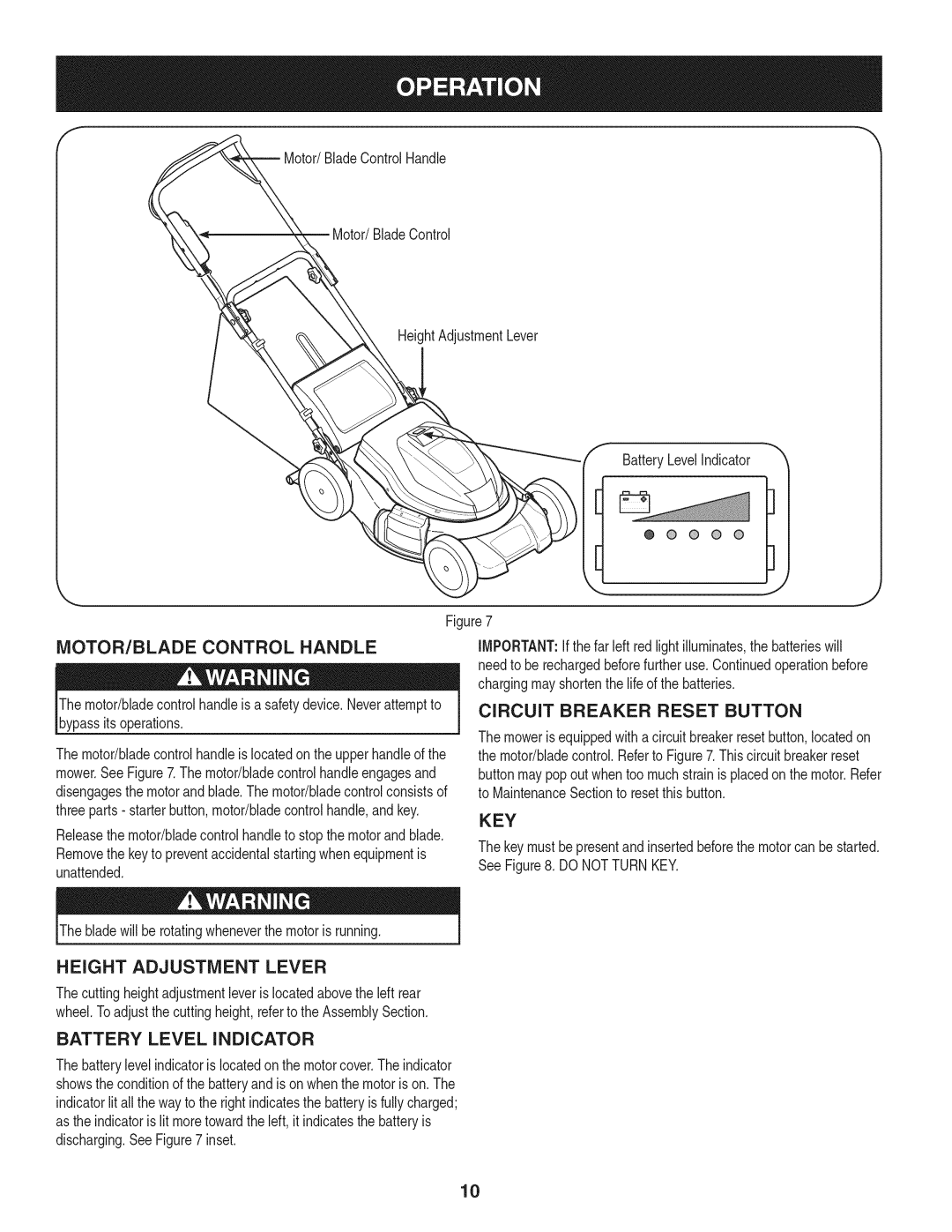 Craftsman 247.370480 manual MOTOR/BLADE Control Handle, Circuit Breaker Reset Button, Key, Height Adjustment Lever 