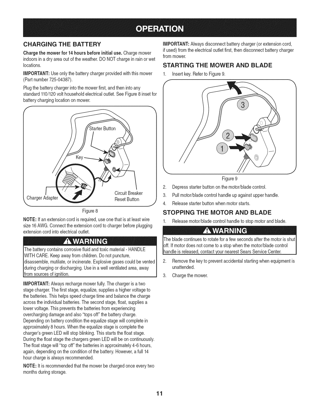 Craftsman 247.370480 manual Charging the Battery, Starting the Mower and Blade, Stopping the Motor and Blade 