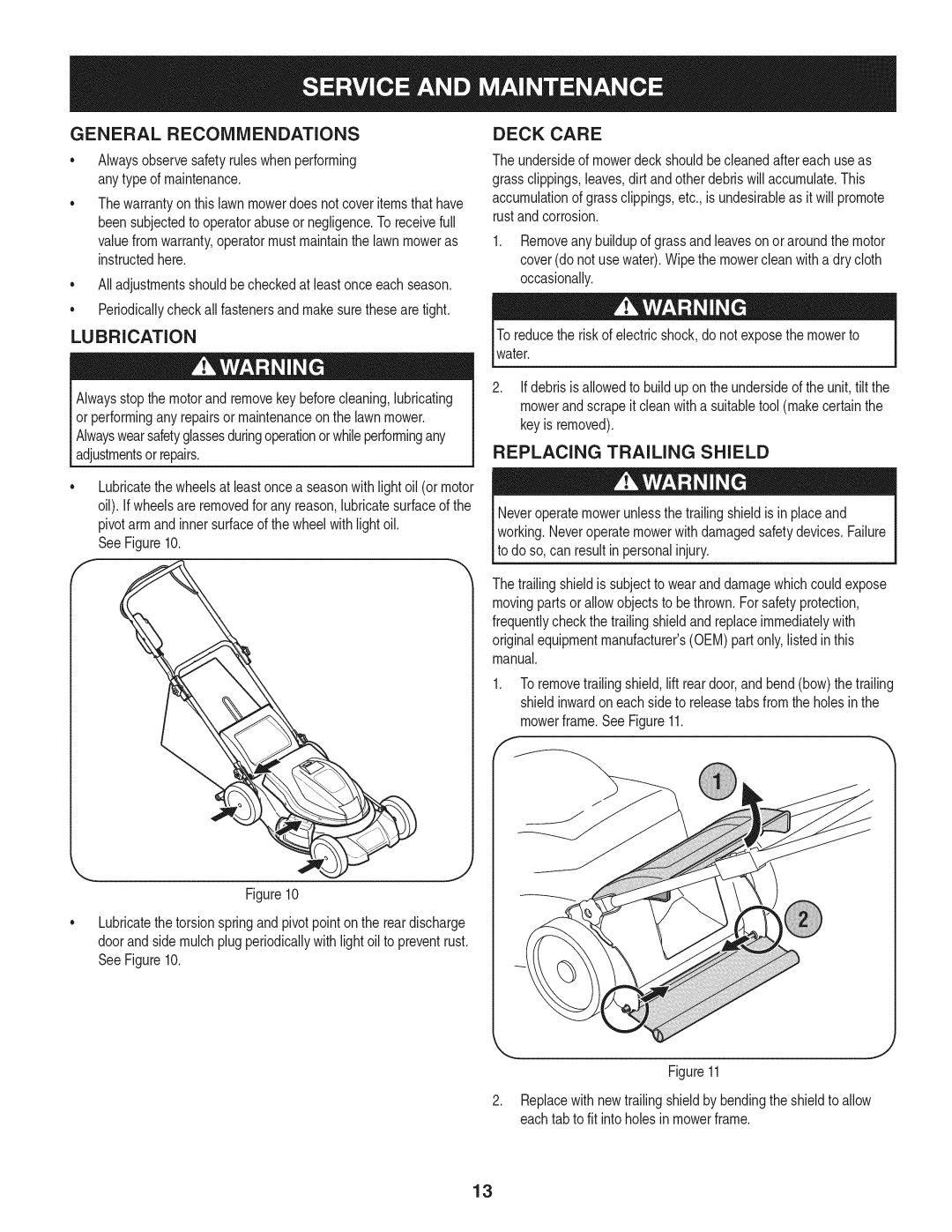 Craftsman 247.370480 manual General Recommendations, Lubrication, Deck Care, Replacing Trailing Shield, SeeFigure10 