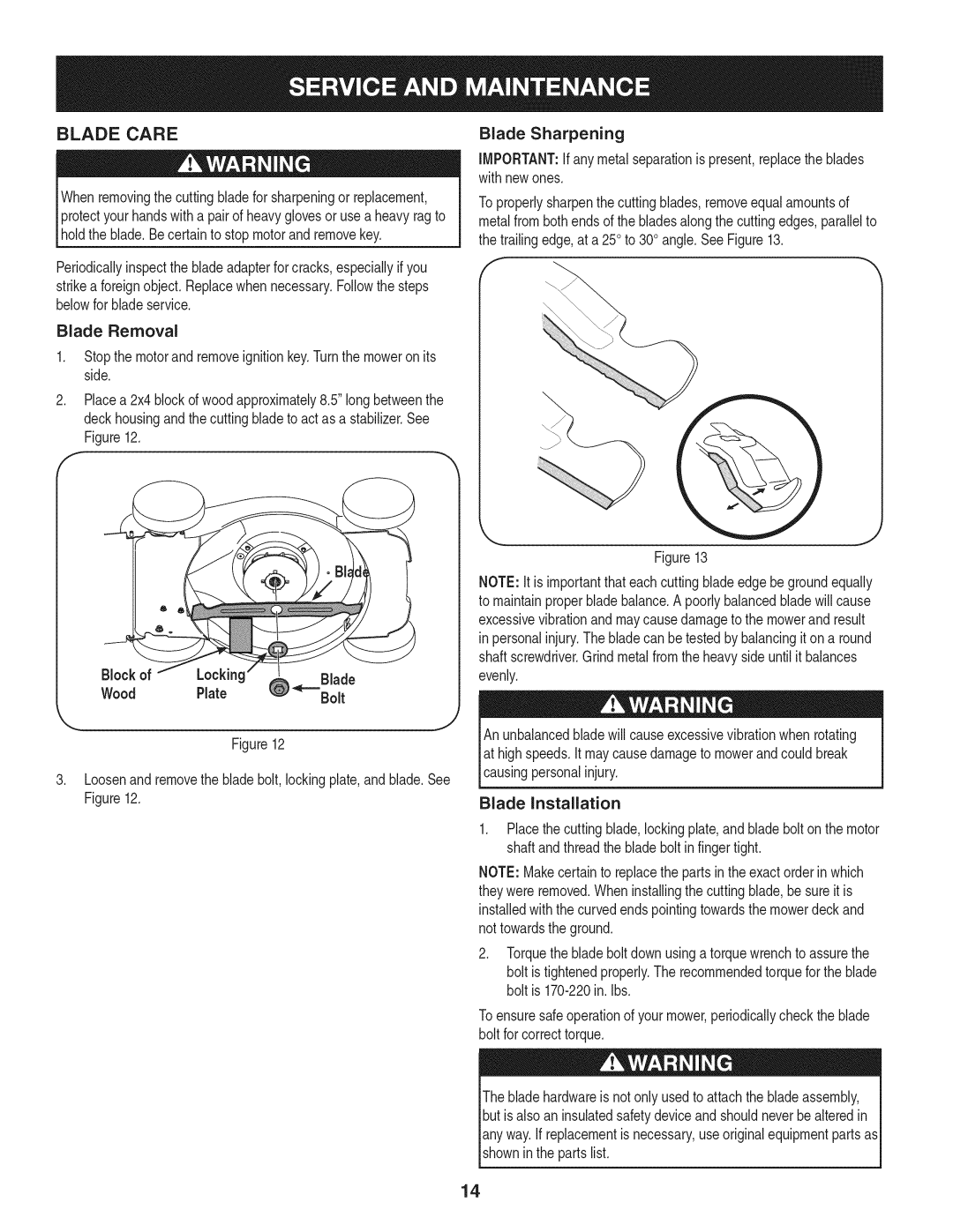 Craftsman 247.370480 manual Blade Care, Block, Wood, Bolt 