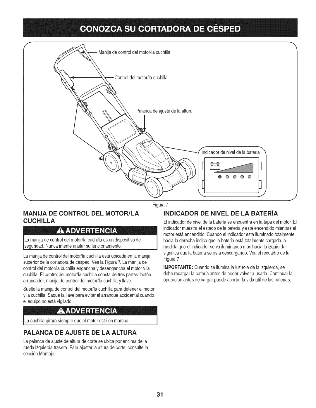 Craftsman 247.370480 manual Cuchilla, Indicador DE Nivel DE LA BATERiA, Palanca DE Ajuste DE LA Altura 