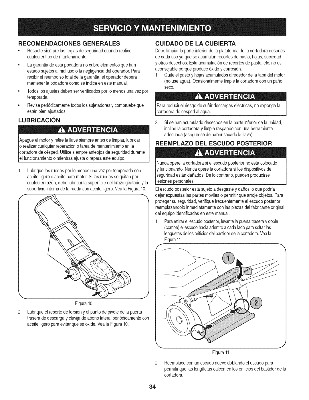 Craftsman 37048 manual Reconiendacionesgenerales, Lubricacisn, Cuidado DE LA Cubierta, Reeiviplazo DEL Escudo Posterior 