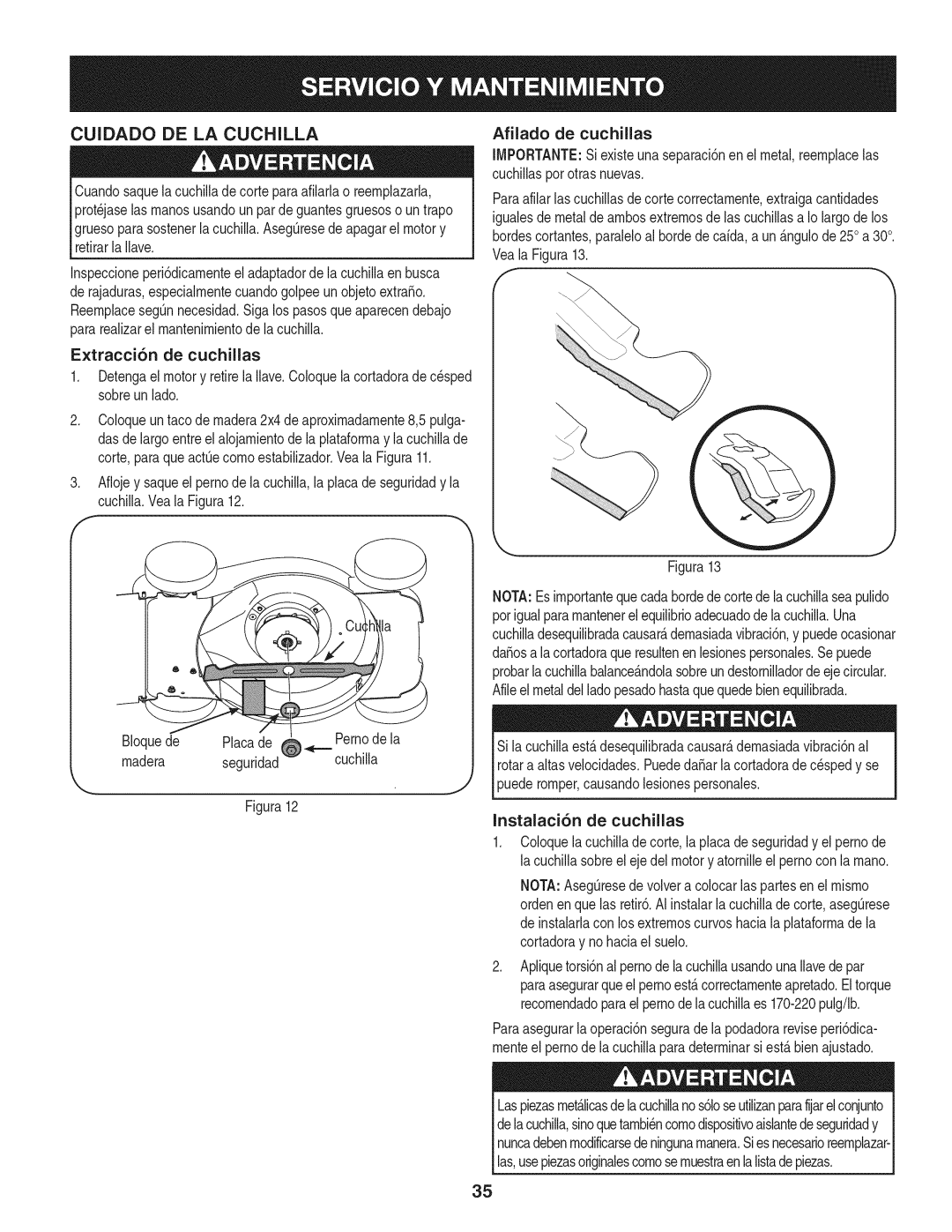 Craftsman 247.370480 manual Cuidado DE LA Cuchilla, Rnadera Seguridad Cuchila, Instalaci6n de cuchillas 