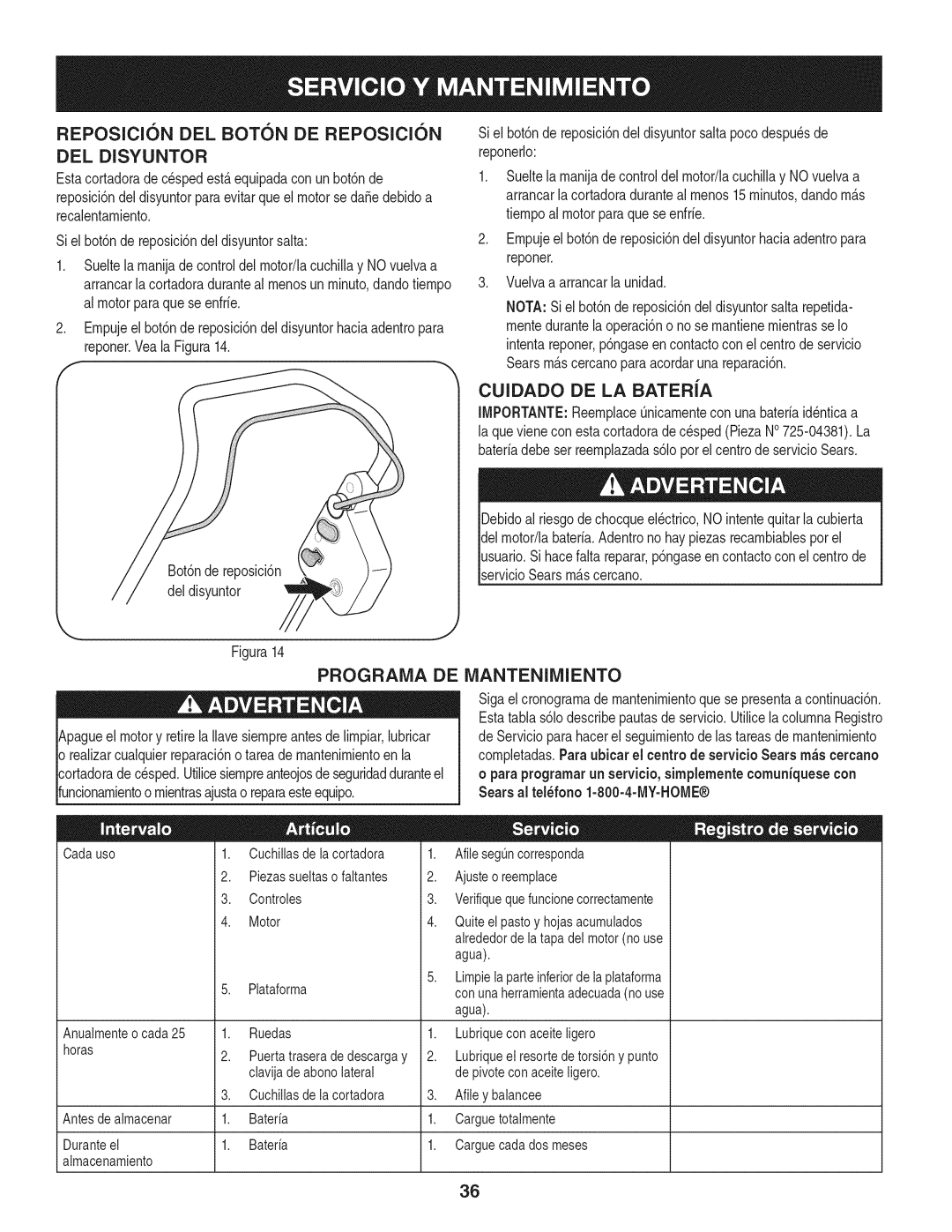 Craftsman 247.370480 manual Reposicion DEL Boton DE Reposicion DEL Disyuntor, Cuidado DE LA Bateria 