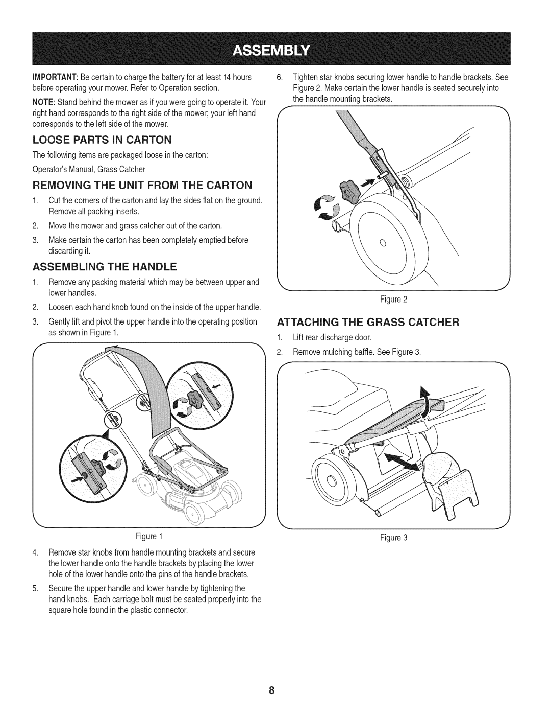 Craftsman 247.370480 manual Loose Parts iN Carton, Removing the UNiT from the Carton, Assembling the Handle 