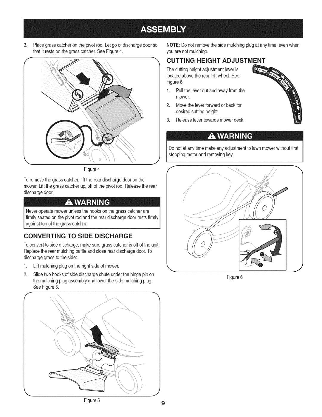 Craftsman 247.370480 manual Cutting Height Adjustment, Converting to Side Discharge 