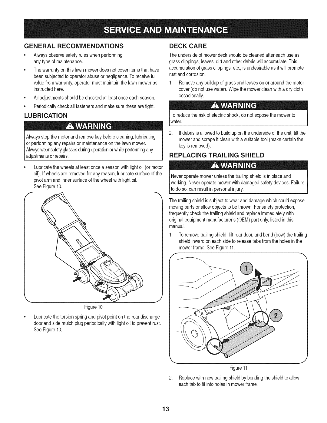 Craftsman 247.370480 manual General Recommendations, Lubrication, Deck Care, Replacing Trailing Shield, instructedhere 