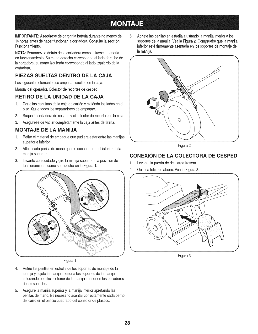 Craftsman 247.370480 manual Piezas Sueltas Dentro De La Caja, Retiro De La Unidad De La Caja, Montaje De La Manija 