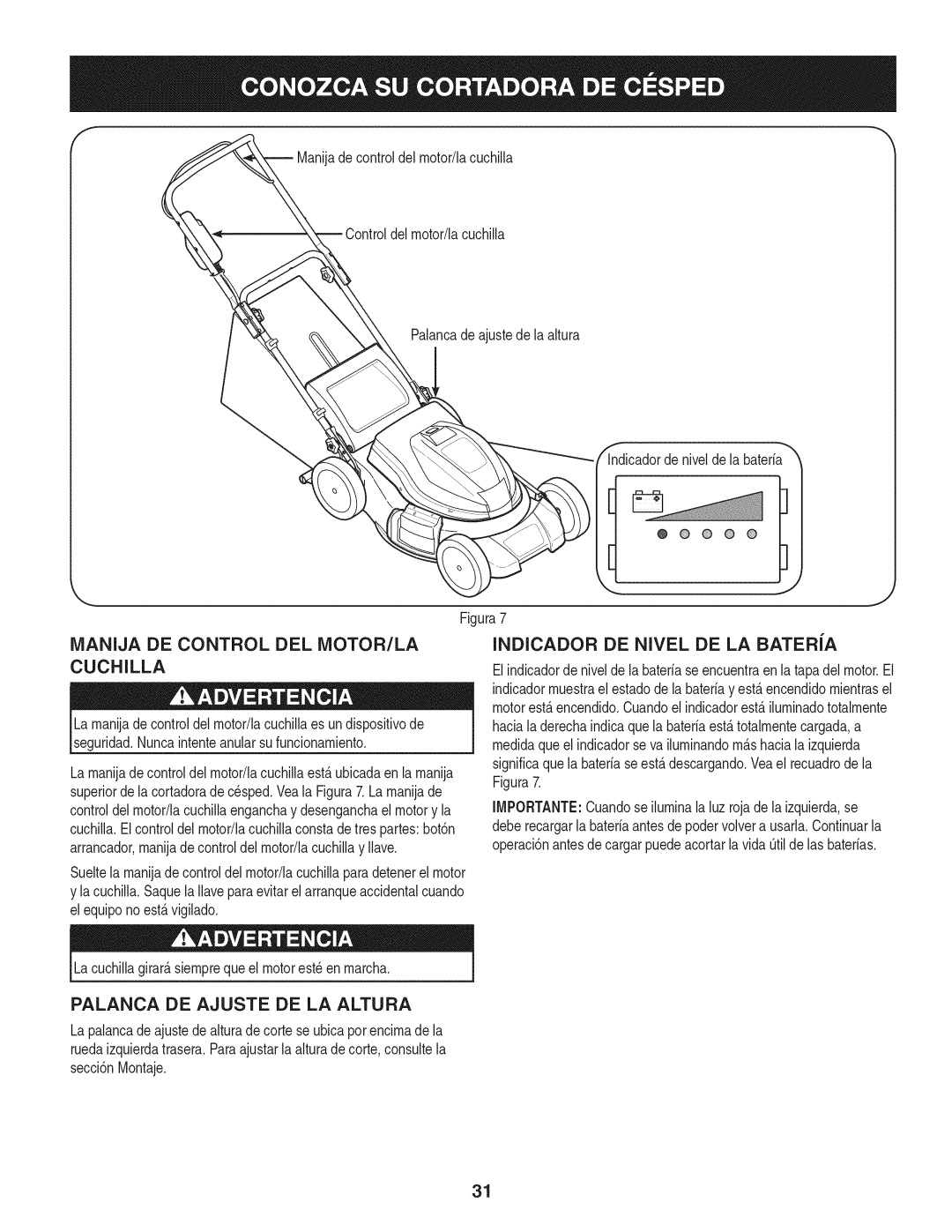 Craftsman 247.370480 manual MANIJA DE CONTROL DEL iVIOTOR/LA, Cuchilla, INDICADOR DE NIVEL DE LA BATERiA 