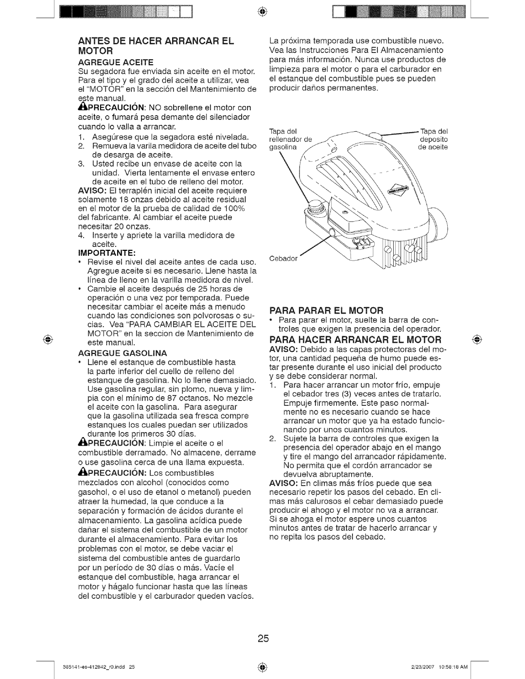 Craftsman 141, 385 Para Parar EL Motor, Para Hacer Arrancar EL Motor, Antes DE Hacer Arrancar EL, Agregue Gasolina 