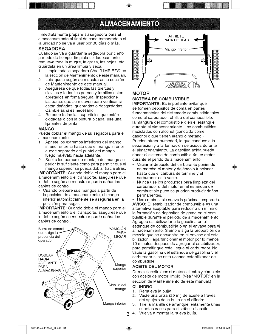 Craftsman 141, 385 owner manual Aceite DEL Motor, Cjlindro 