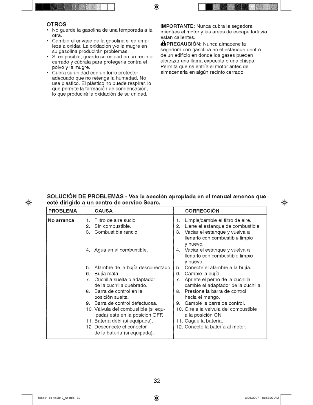 Craftsman 385, 141 owner manual Problemas, Centro AervJco Sears, No arranoa 