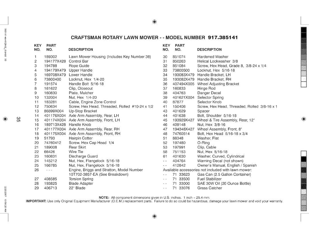 Craftsman 141, 385 Lawn Mower Housing Includes Key Number, Hardened Washer Control Bar, Helical, Rope Guide, Upper Handle 