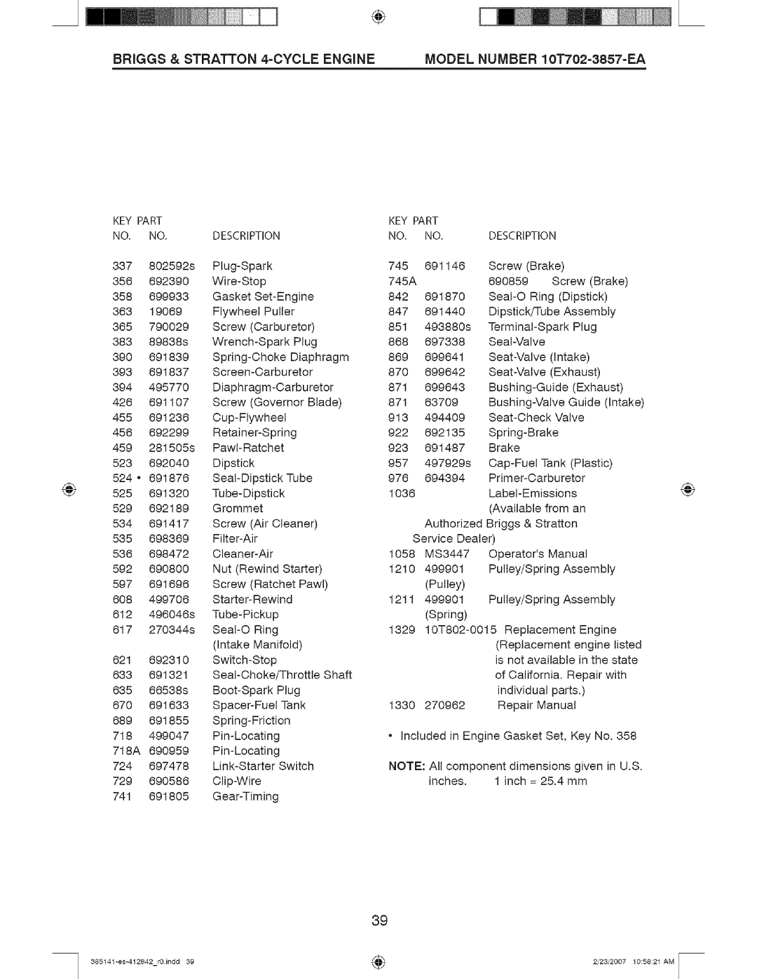 Craftsman 141, 385 owner manual Inches Inch = 25.4 mm, KEY Part Description 