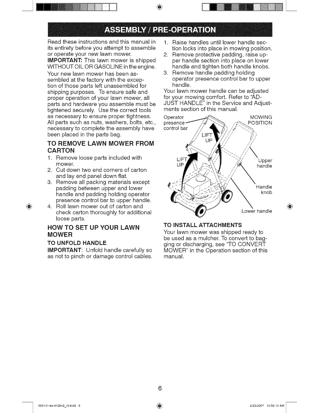 Craftsman 385, 141 To Remove Lawn Mower from Carton, NOW to SET UP Your Lawn Mower To Unfold Handle, Mowing, Position 