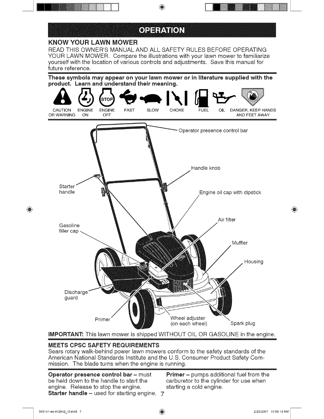 Craftsman 141, 385 owner manual Know Your Lawn Mower, Without OIL or, Meets Cpsc Safety Requirements 