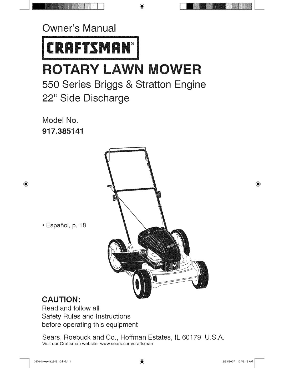 Craftsman owner manual Model No 917,385141, Rotary, Owners Manual, Series Briggs & Stratton Engine, Side Discharge 