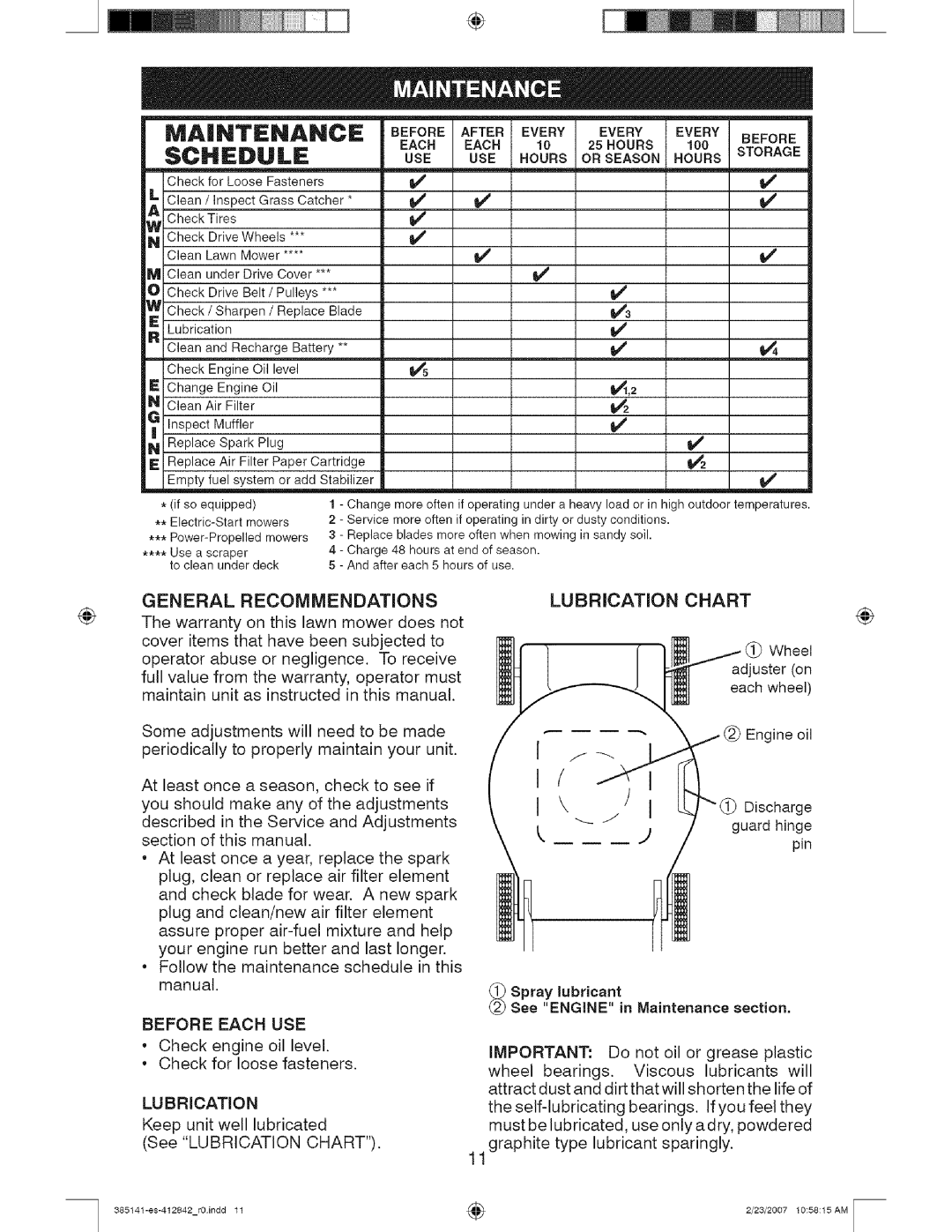 Craftsman 141, 385 owner manual Maintenance, Schedule 