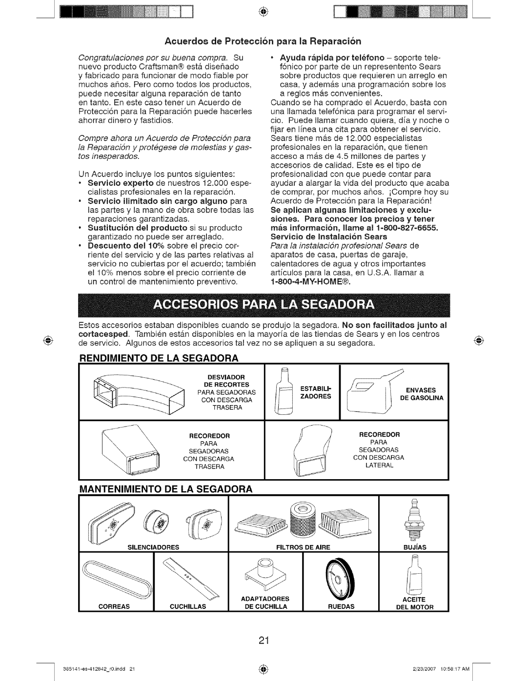 Craftsman 141, 385 owner manual Acuerdo8 de Proteccion para la Reparacion, Rendimiento, De La Segadora, Mantenimiento 
