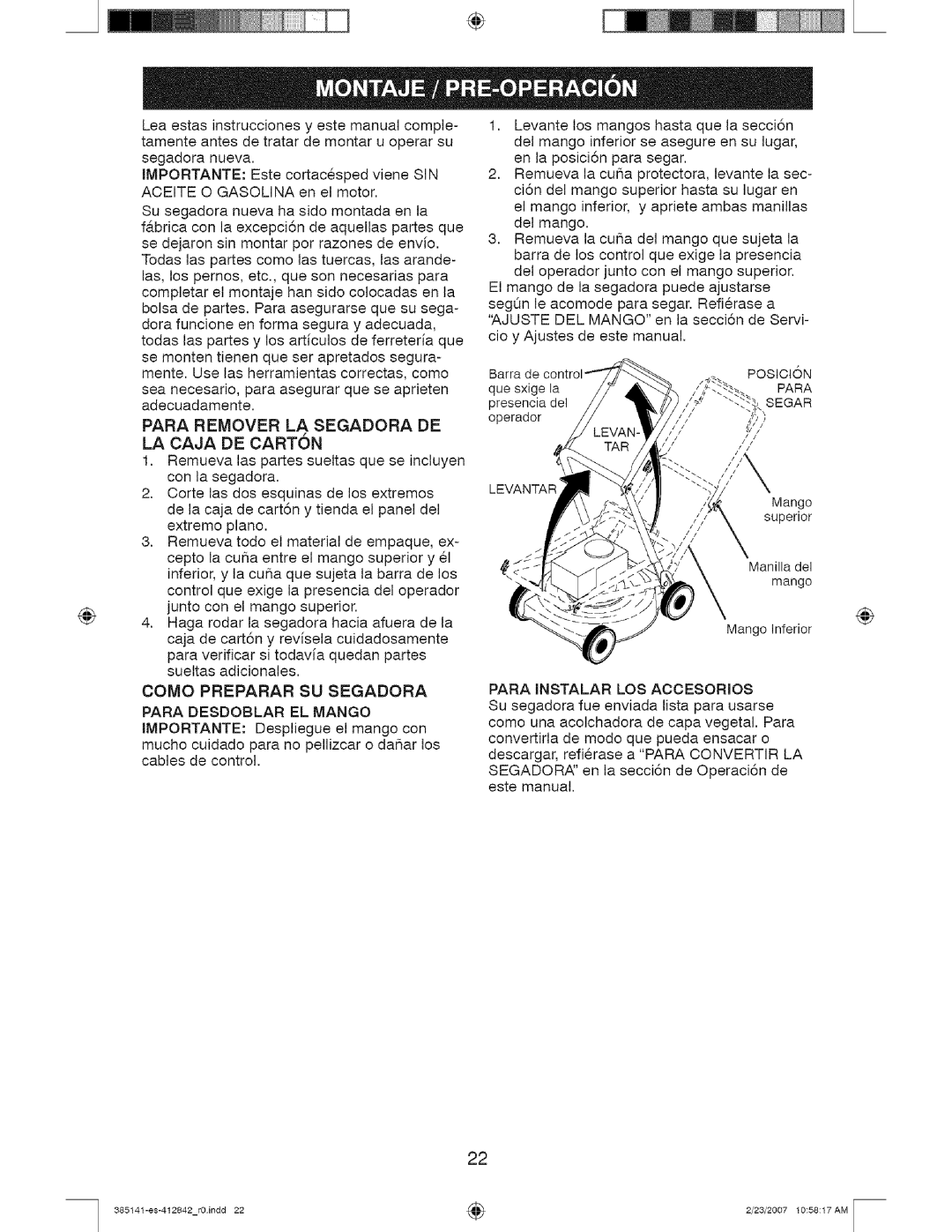 Craftsman 385, 141 owner manual Para Remover La Segadora De La Caja De Carton 
