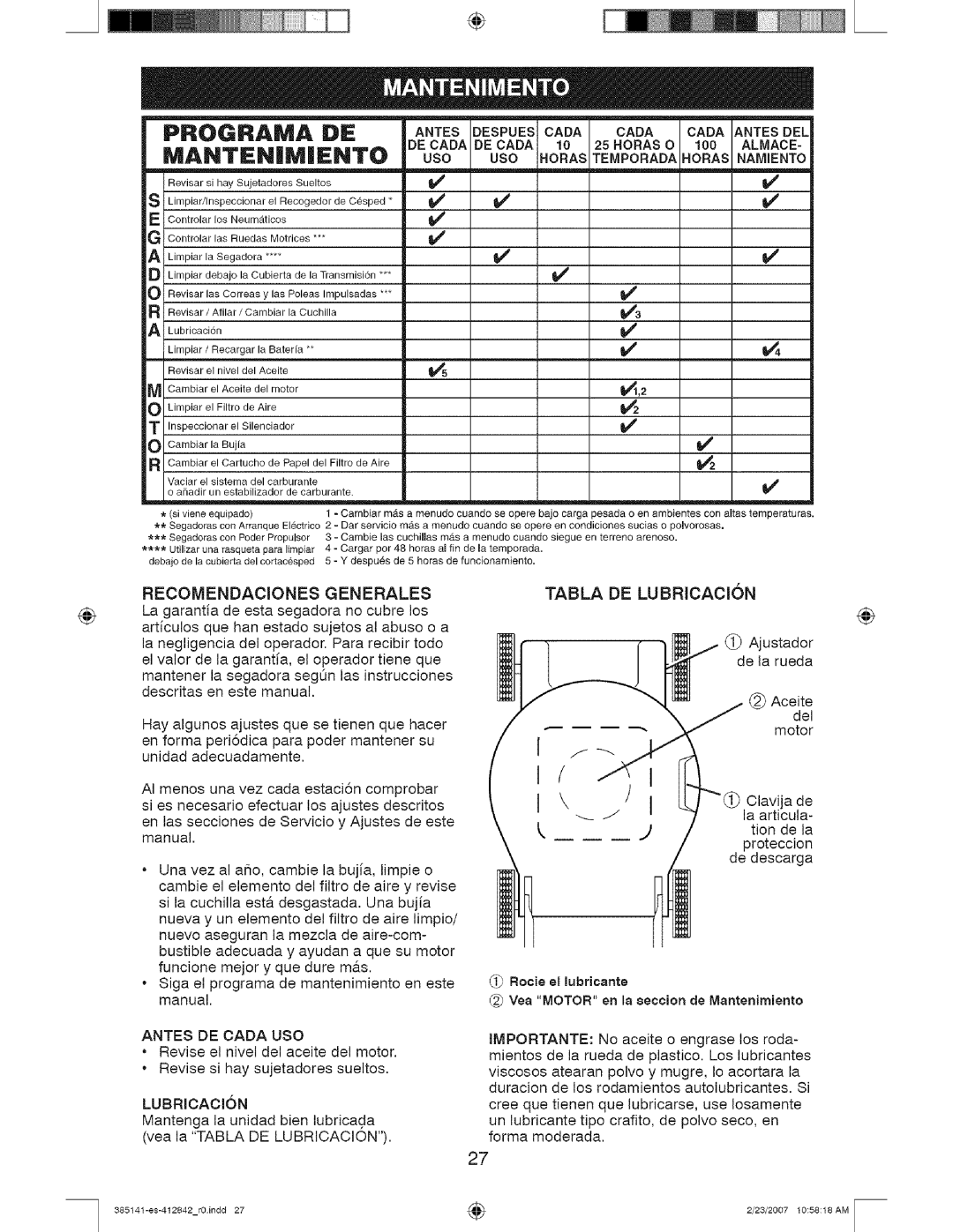 Craftsman 141, 385 owner manual PROGRAIVlA, Manten|Miento, Recomendaciones Generales 