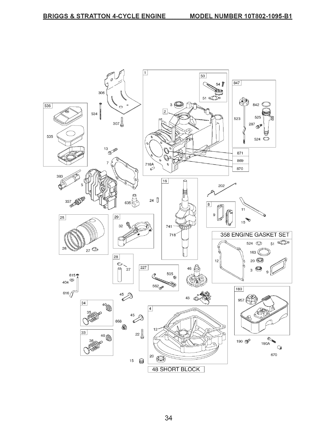 Craftsman 38514 owner manual Briggs & Stratton 4=CYCLE Engine, Short Block 