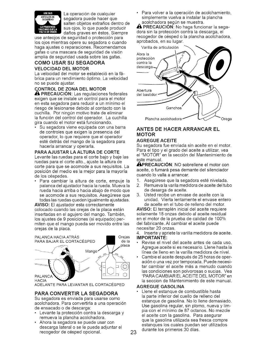 Craftsman 38514 owner manual Velocidad Del Motor 