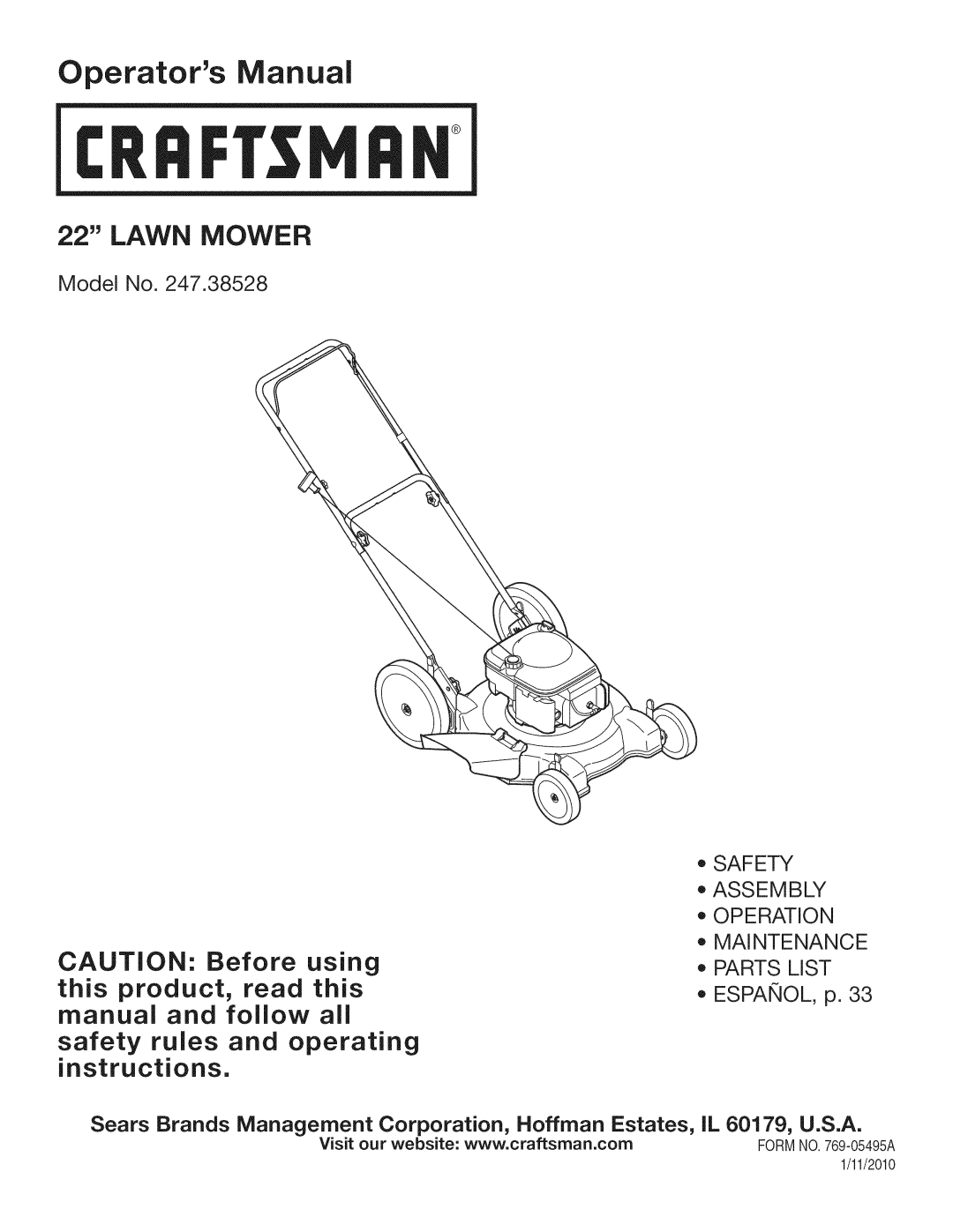 Craftsman 247.38528 manual FORMNO.769-05495A, 11/2010 