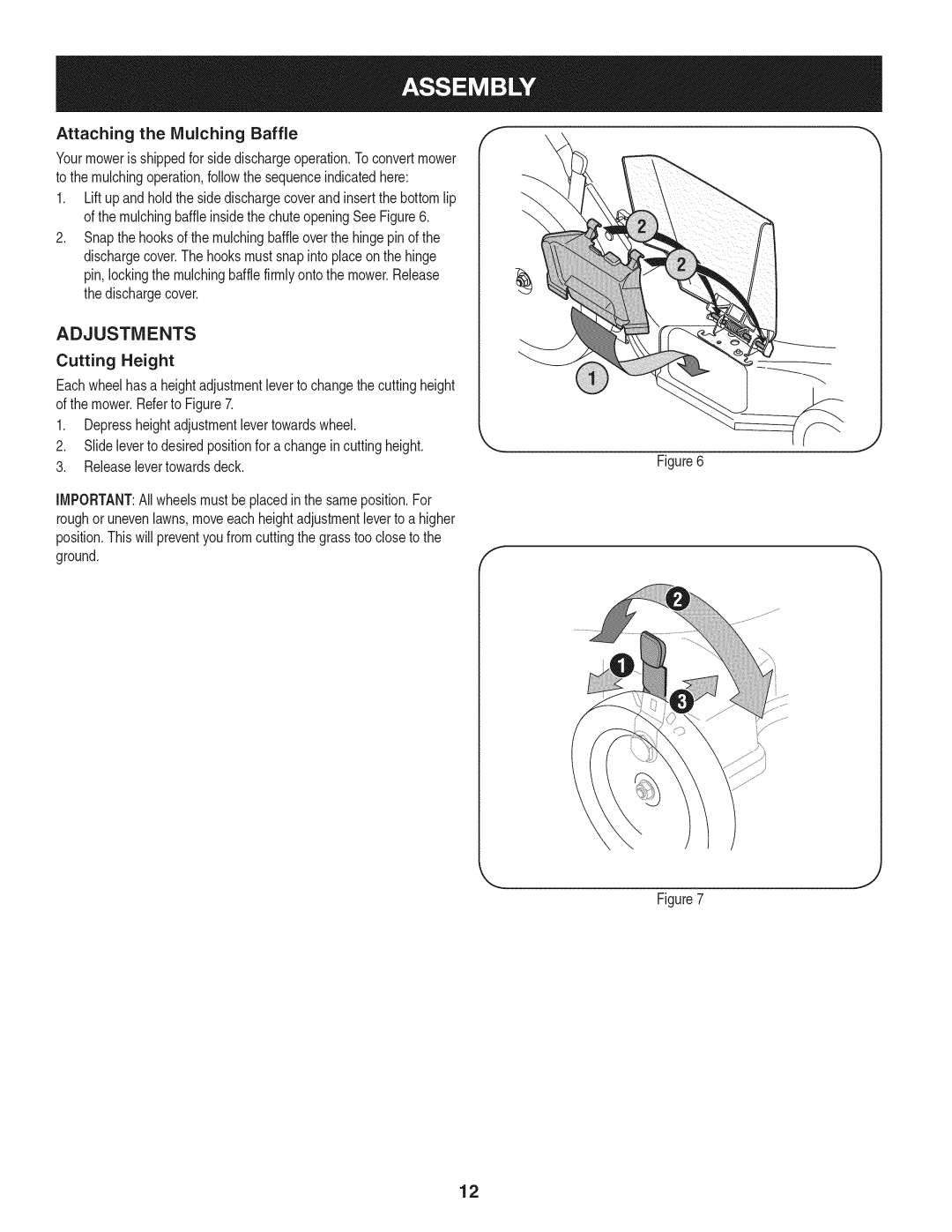 Craftsman 247.38528 manual Adjustments, Attaching the Mulching Baffle, Ground 