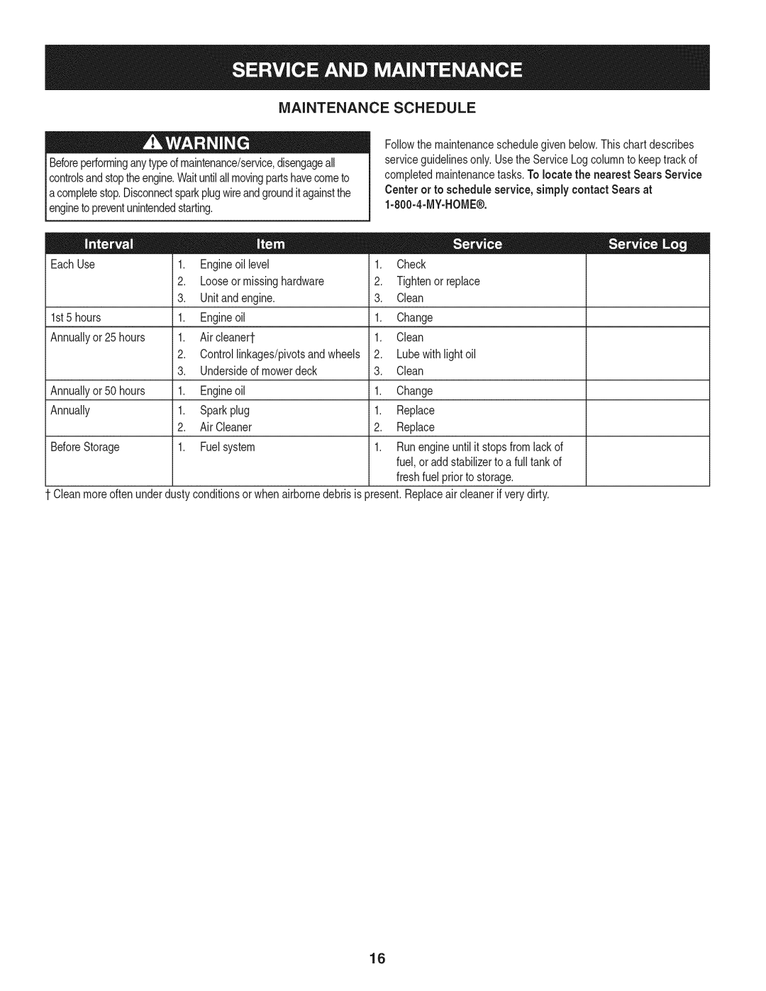 Craftsman 247.38528 manual Maintenance Schedule, Beforeperforminganytypeofmaintenance/service,disengageall, My-Home 