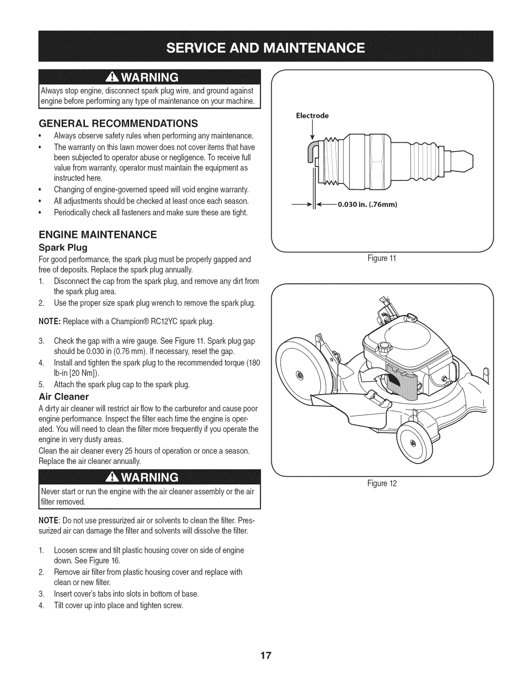 Craftsman 247.38528 General Recommendations, Engine Maintenance, Alwaysobservesafetyruleswhenperformingany maintenance 