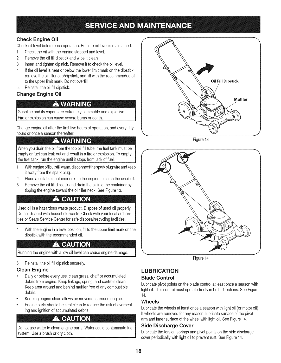 Craftsman 247.38528 manual Lubrication, Change Engine Oil, Clean Engine, Oil Fill Dipstick, Blade Control 