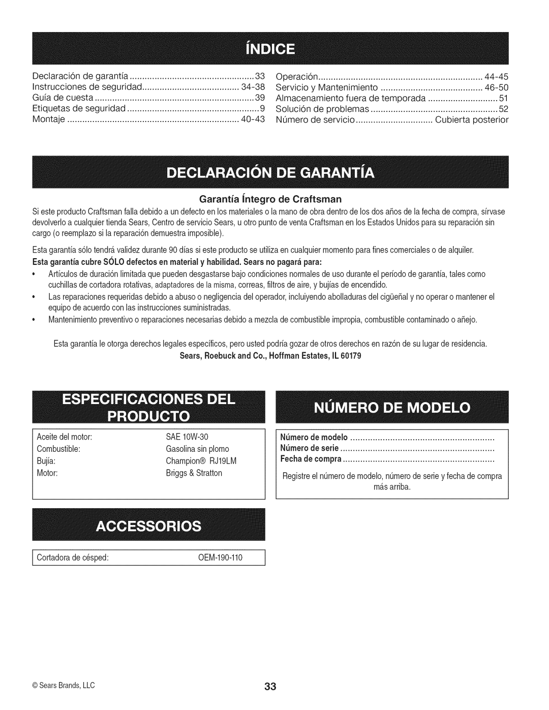 Craftsman 247.38528 Declaraci6n De garantia, 44-45, Instrucciones De seguridad, Servicio, 46-50, Guia de cuesta, Montaje 