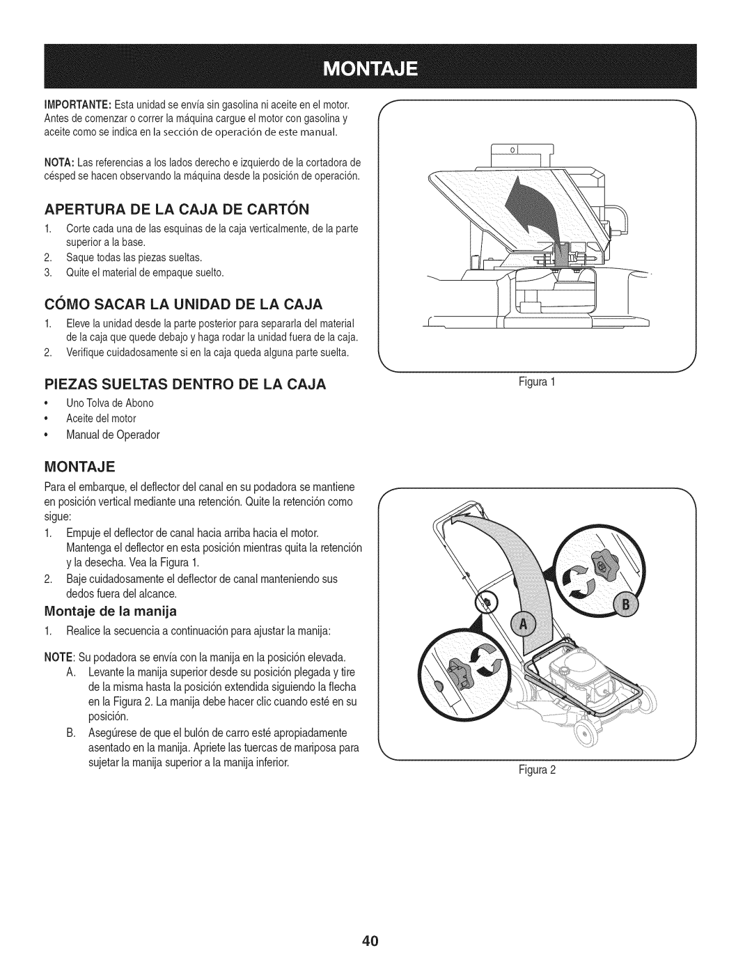 Craftsman 38528 Apertura DE LA Caja DE Carton, C6MO Sacar LA Unidad DE LA Caja, Piezas Sueltas Dentro DE LA Caja, Montaje 