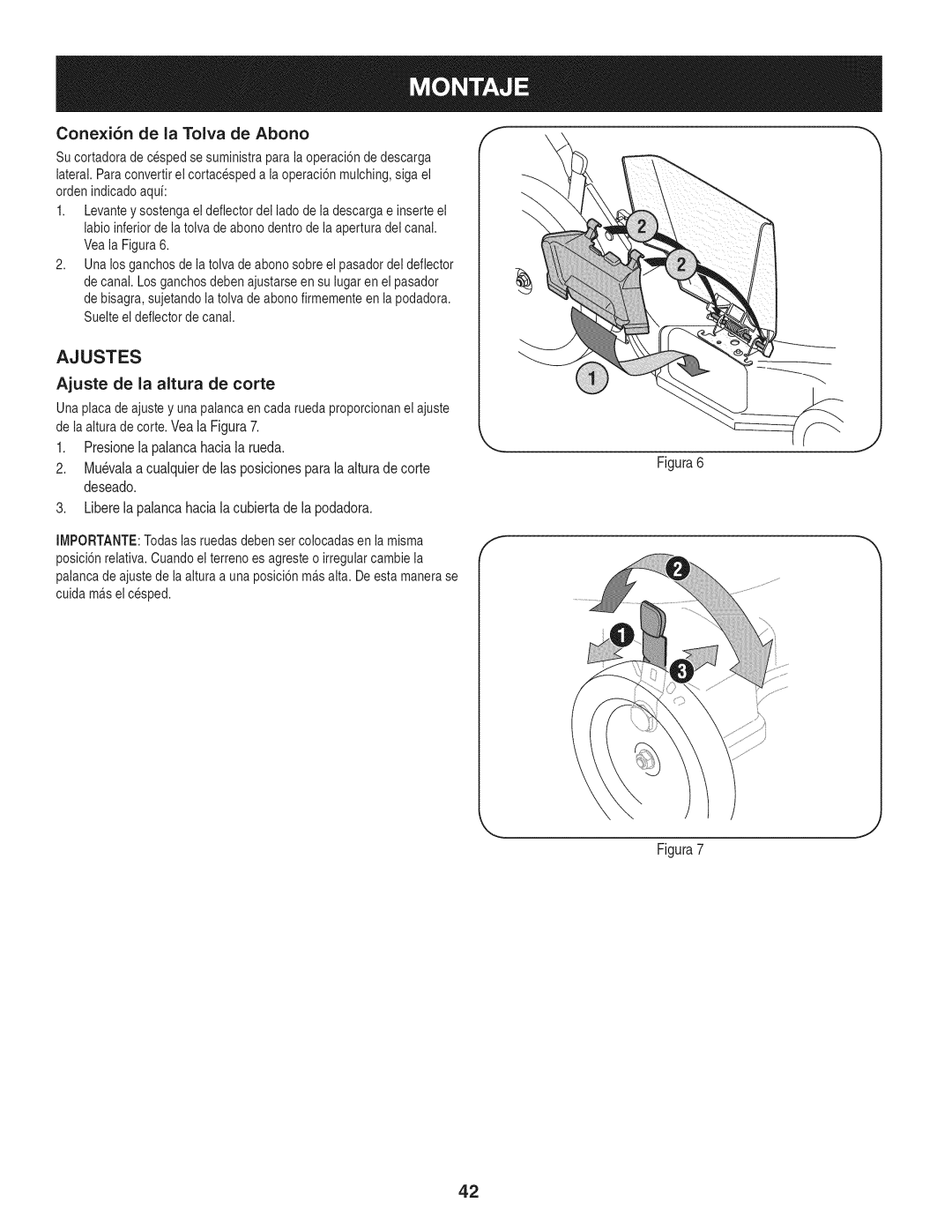 Craftsman 247.38528 manual Ajustes, Cone×i6n de la Tolva de Abono, Ajuste de la altura de corte 