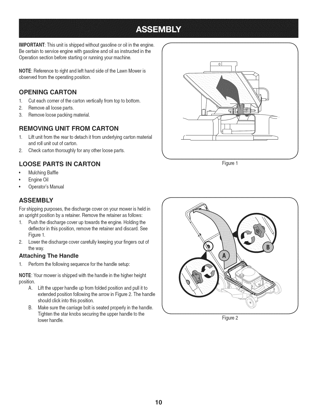 Craftsman 38528 manual Opening Carton, Removing Unit From Carton, Loose Parts In Carton, Assembly, Attaching The Handle 